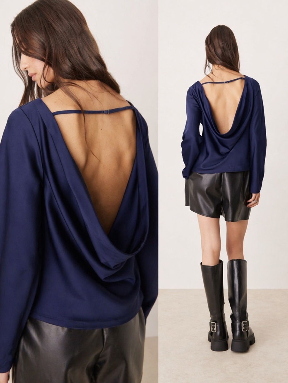 NWT Abercrombie & Fitch Navy Satin Long-Sleeve Boatneck Top Draped Cowl Back